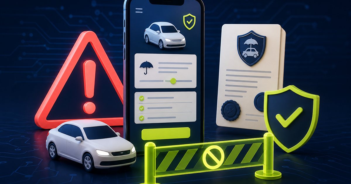 Un telefono con una polizza auto è affiancato da un segnale di pericolo e da una barriera di sicurezza