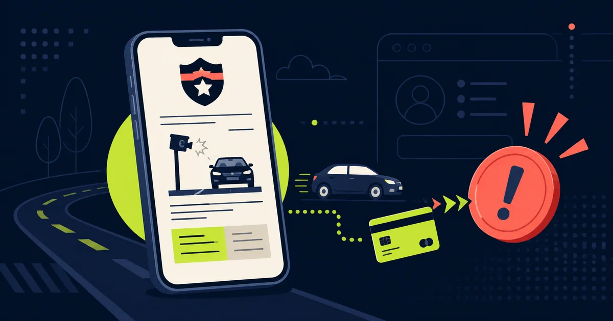 Un telefono mostra una falsa multa con un’automobile, una carta e un simbolo di allerta