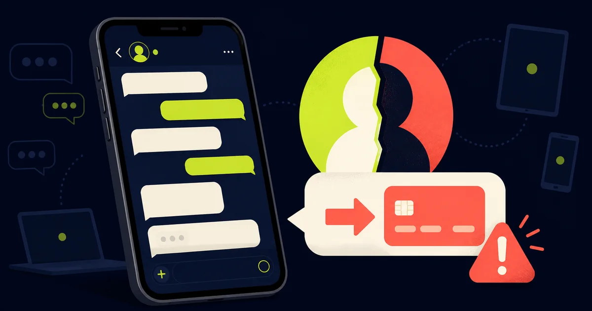 Un telefono con una chat accanto a un profilo diviso e a una carta richiesta